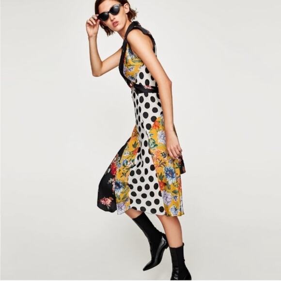 NWT Zara Polka Dot and Floral Midi Dress - Picture 1 of 7